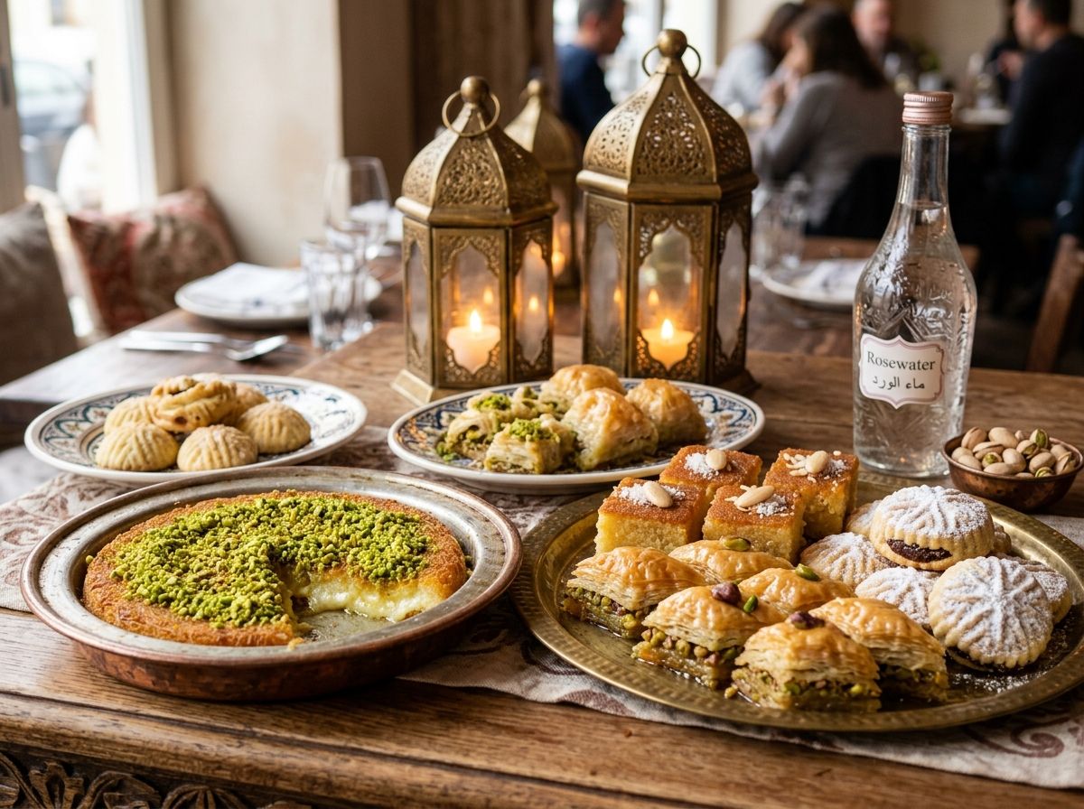 Kunafa, baklava and maamoul on brass platters